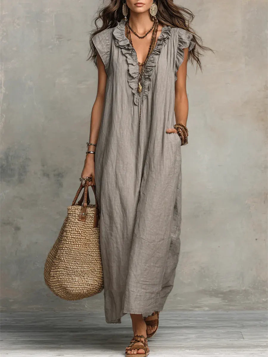 Lola | Vestido de Lino con Escote de Volantes