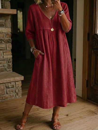 Martina | Vestido de Lino Lavado con Paneles de Encaje
