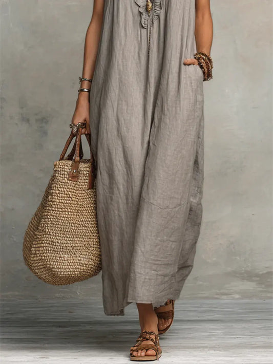 Lola | Linen Dress with Ruffled Neckline