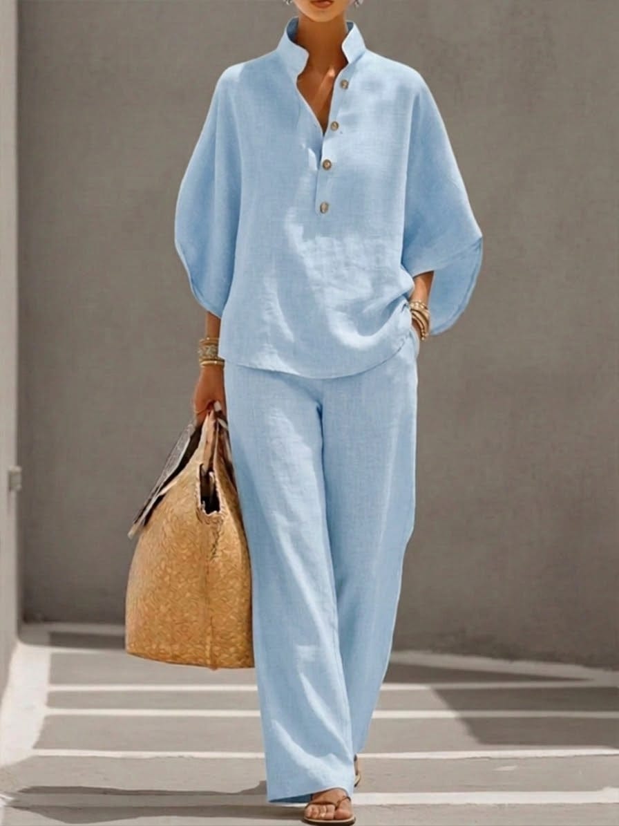 Amira | Conjunto de Lino y Algodón con Capa y Pantalón Ancho