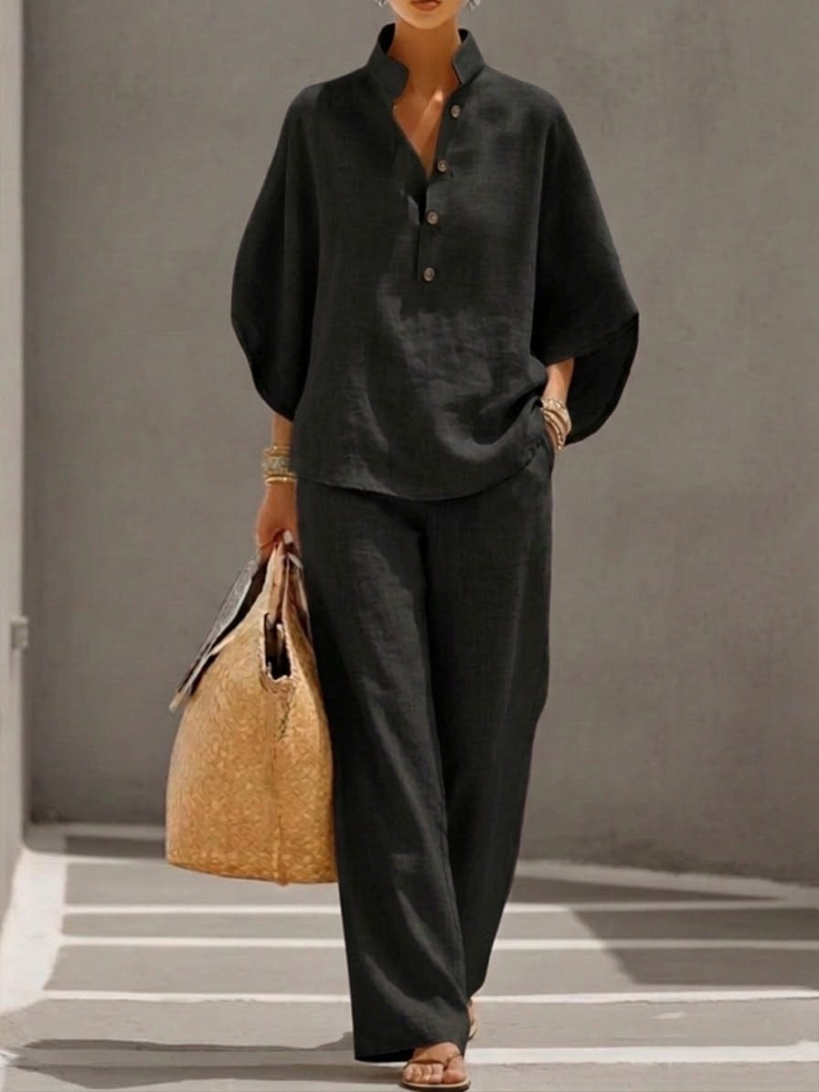 Amira | Conjunto de Lino y Algodón con Capa y Pantalón Ancho