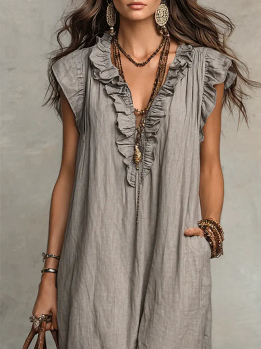 Alba | Linen Dress with Ruffle Neckline