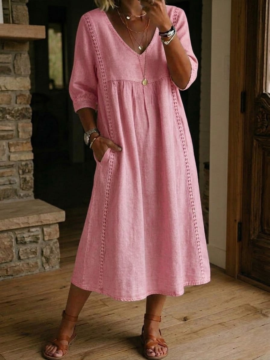 Martina | Vestido de Lino Lavado con Paneles de Encaje