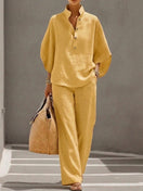 Amira | Linen and Cotton Set with Cape and Wide-Leg Pants