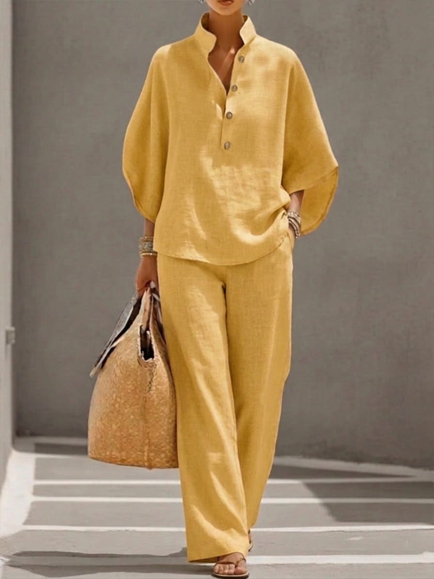 Amira | Conjunto de Lino y Algodón con Capa y Pantalón Ancho