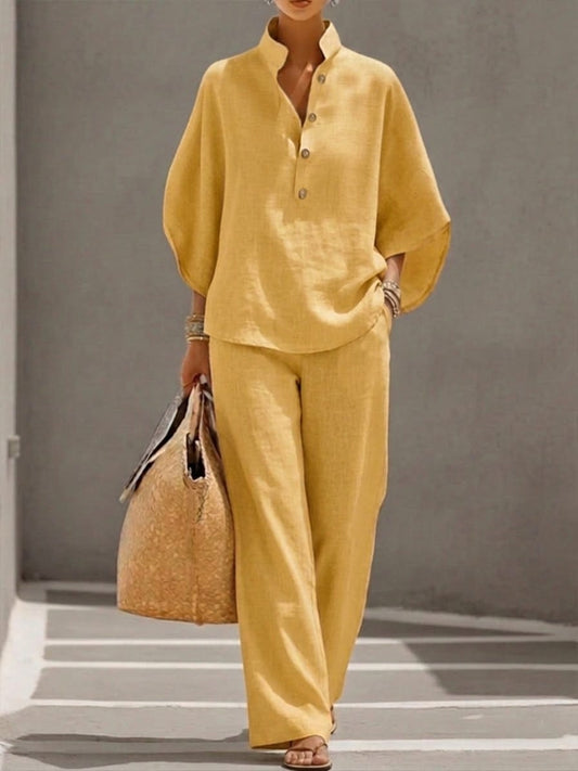 Amira | Linen and Cotton Set with Cape and Wide-Leg Pants