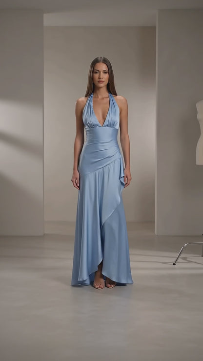 Lorena | Vestido Largo Plisado con Volante Lateral en Azul