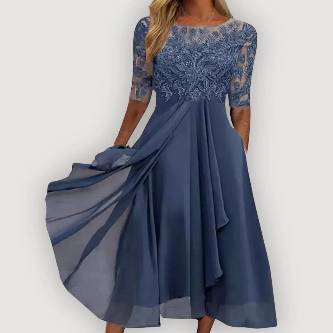 Renata | Vestido Midi de Encaje con Manga Transparente