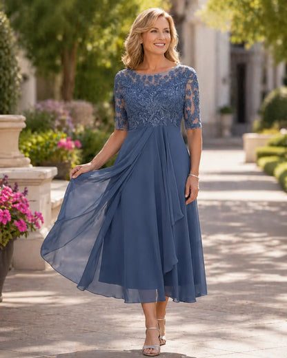 Renata | Vestido Midi de Encaje con Manga Transparente