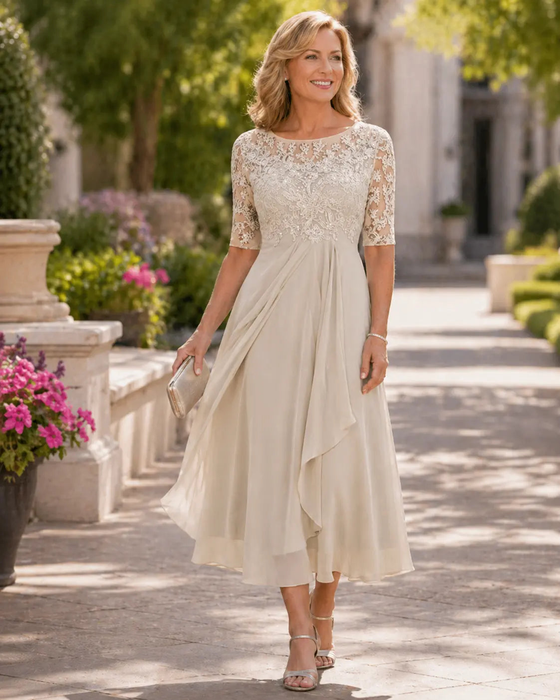 Renata | Vestido Midi de Encaje con Manga Transparente