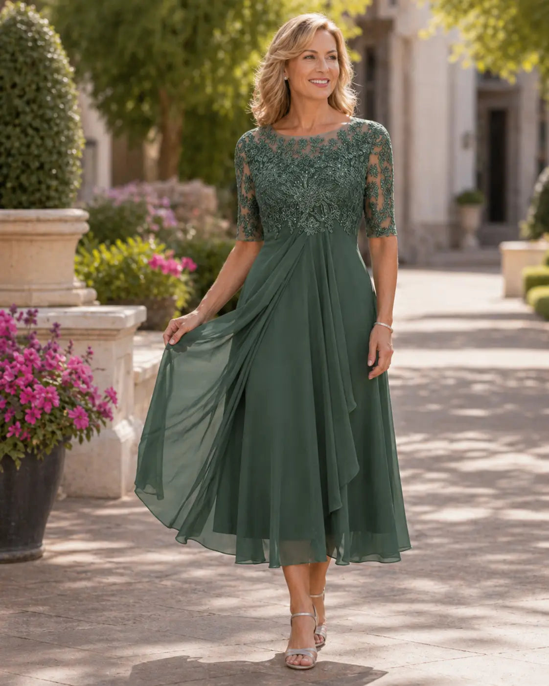 Renata | Vestido Midi de Encaje con Manga Transparente