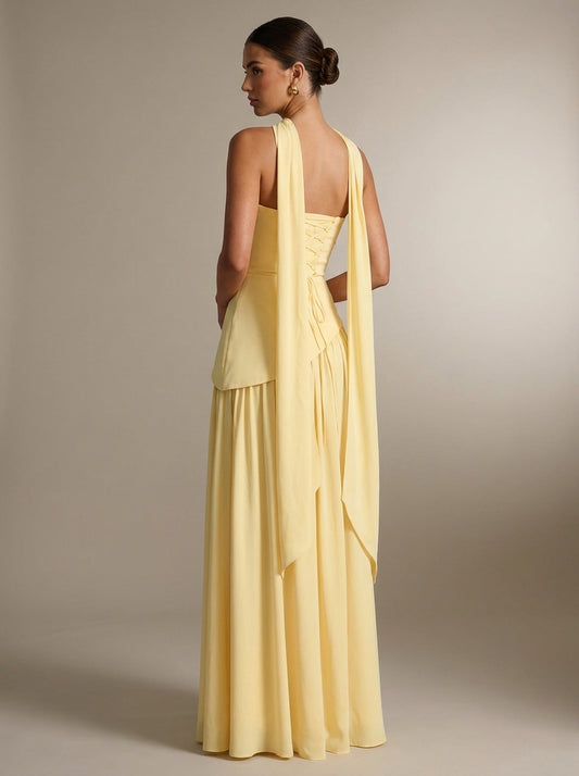 Ada | Vestido Largo Plisado con Hombros Descubiertos