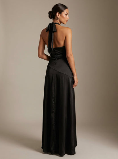 Berta | Vestido Largo de Satén con Escote Halter y Abertura