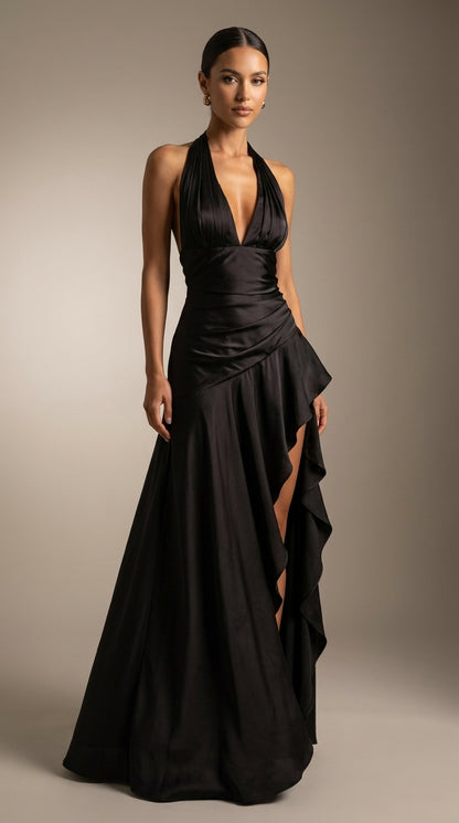 Berta | Vestido Largo de Satén con Escote Halter y Abertura