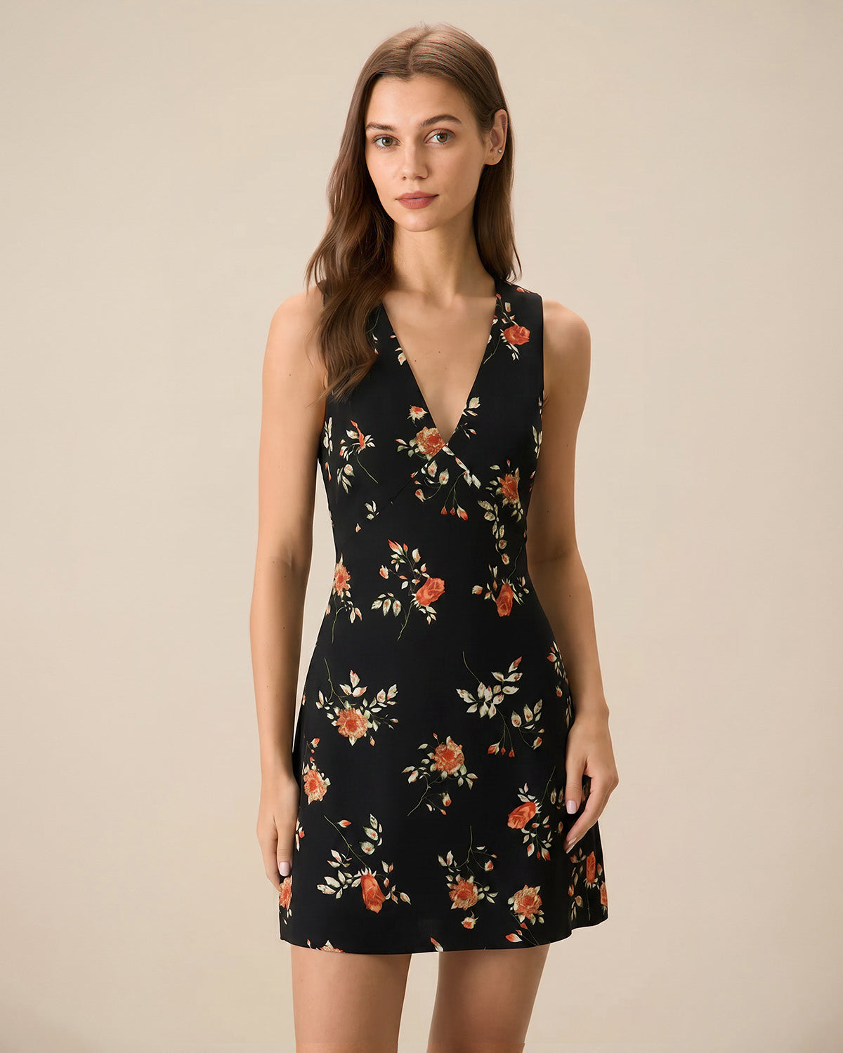 Black V Neck Floral A-Line Mini Dress