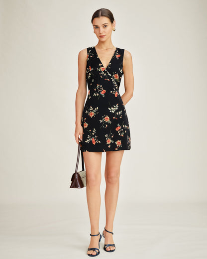 Black V Neck Floral A-Line Mini Dress