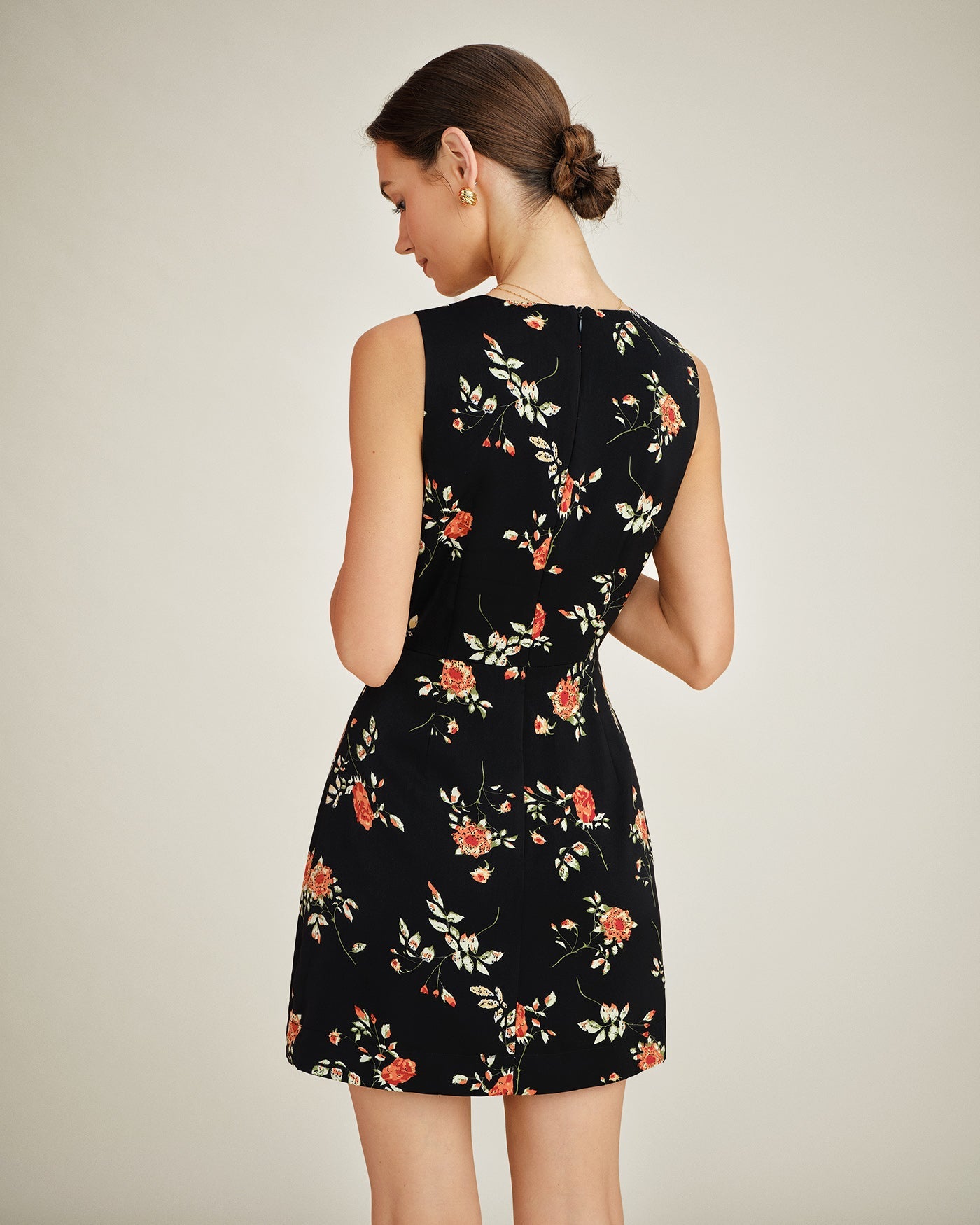 Black V Neck Floral A-Line Mini Dress