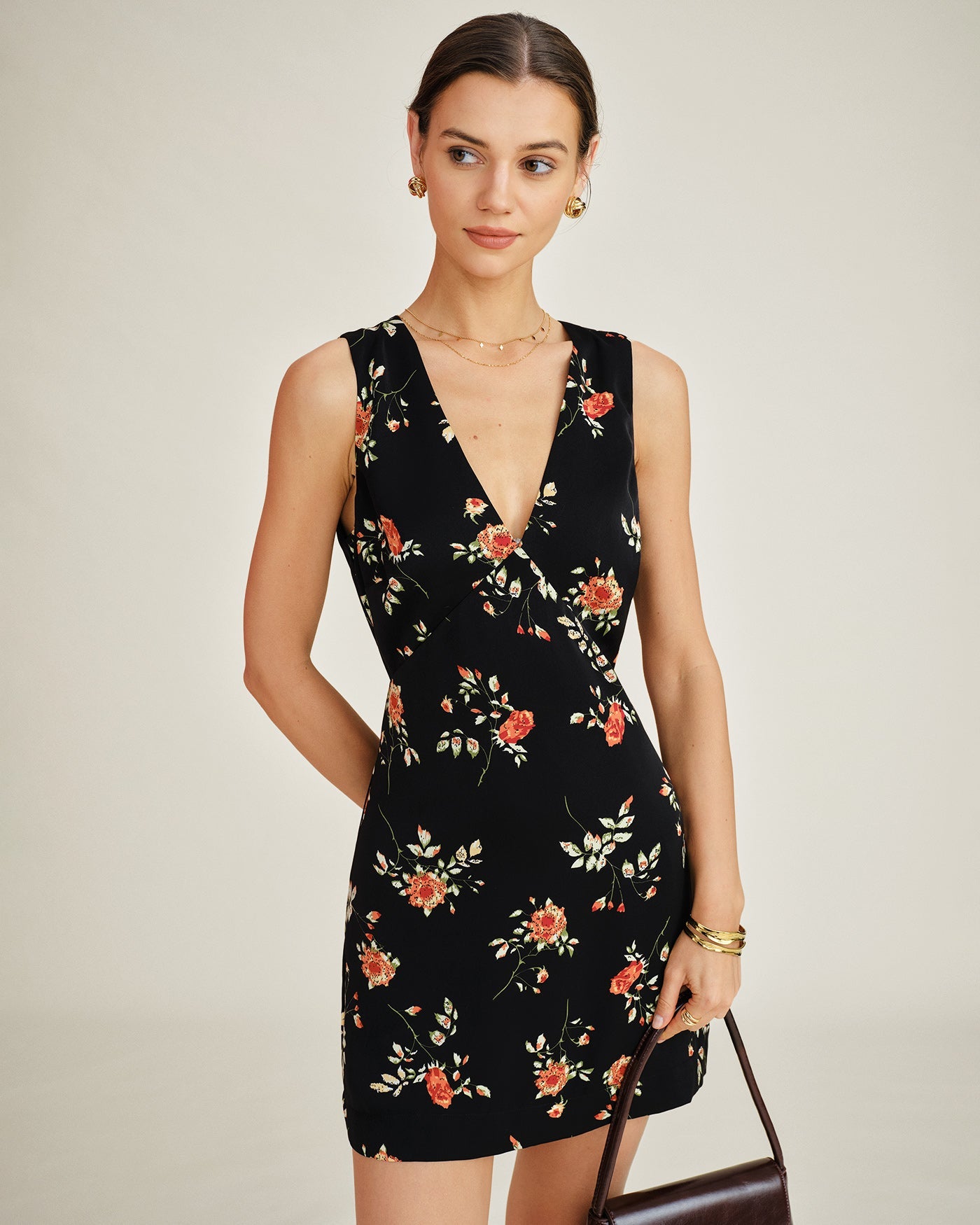 Black V Neck Floral A-Line Mini Dress