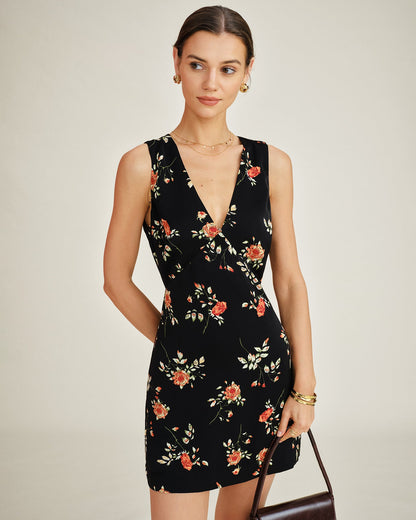 Black V Neck Floral A-Line Mini Dress