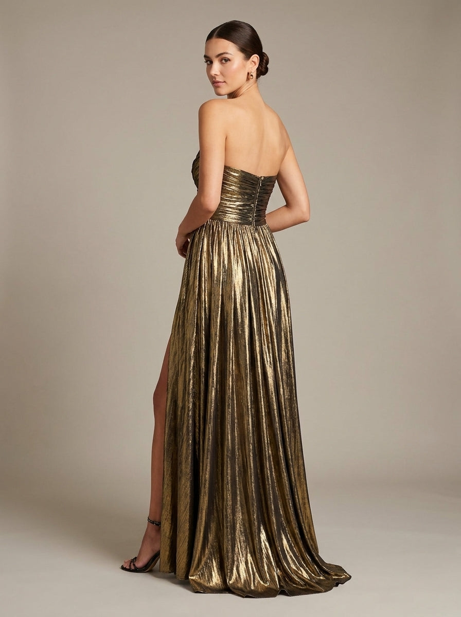 Celeste | Vestido Largo Metalizado Plisado