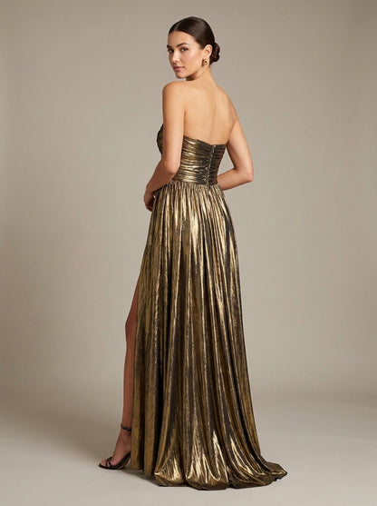 Celeste | Vestido Largo Metalizado Plisado